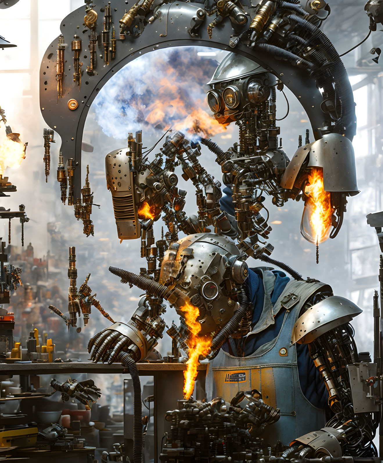 Robotic Figure in Sci-Fi Factory Amidst Flames and Machinery