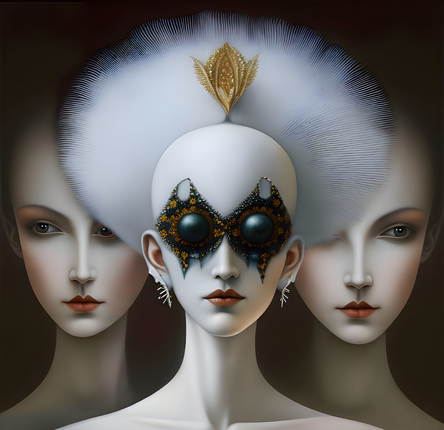 Surreal faces with ornate mask and subtle expressions