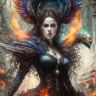 Fantasy illustration of a woman with fiery wings, dark armor, intense gaze, surrounded by flames.