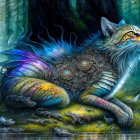 Majestic cat with vibrant fur in mystical forest setting