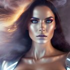 Futuristic digital artwork of woman with glowing eyes and flowing hair