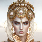 Digital portrait of a woman with striking eyes in ornate headdress.