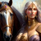 Regal woman with white hair in golden armor with majestic horse