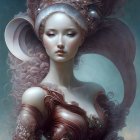 Ethereal female figure with ornate headpiece and high-collared dress in surreal blue ambiance