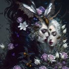 Faces with dark hair and white flowers, bees, butterflies in dreamy art style