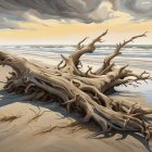 Weathered driftwood tree on sandy beach with cloudy sky and approaching waves