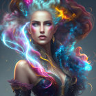 Vibrant woman with colorful smoke and dramatic makeup in blue, red, and yellow