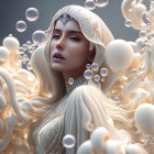 Pale-skinned woman in embellished headpiece surrounded by bubbles and fluid shapes