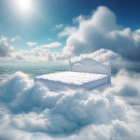 White Bed Floating Among Clouds Under Blue Sky with Lighthouse in Distance