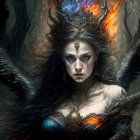 Dark fantasy portrait of woman with angel wings, intense gaze, crown, and jewelry.