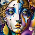 Vibrant surreal painting of segmented face with mismatched eyes and lips