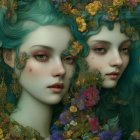 Fantasy-themed artwork of two female figures with green swirling hair and intricate jewelry.