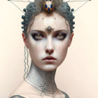 Surreal digital art: Blue-skinned female figure with golden eyes, intricate jewelry, and pattern