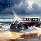 Vintage car parked on wet beach with crashing waves and dramatic sky.