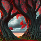 Twin trees with intertwining trunks, fiery red leaves, mystical dusk atmosphere