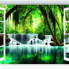 Tropical Waterfall Scene with Lush Foliage and Blue Water