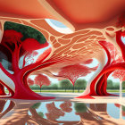 Surreal interior with red tree-like structures and reflective floor