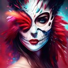 Person with vibrant skull makeup in red & white feathered headdress