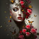 Surreal portrait of woman with floral elements and butterflies
