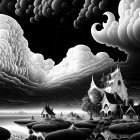 Surreal grayscale landscape with moon, clouds, whimsical trees, and gothic house