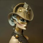 Gold-themed steampunk mask and hat with ornate details, goggles, rose, choker,