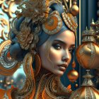 Detailed 3D Woman Illustration with Golden Headdress and Baroque Background