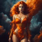 Digital artwork of woman with red hair and golden attire against swirling clouds