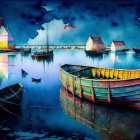 Colorful Fantasy Landscape with Boats, Castles, and Dramatic Sky