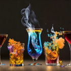Vibrant liquid splashes in glasses with smoky effects on dark backdrop