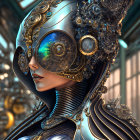 Detailed Female Cyborg with Ornate Headgear and Eye Mechanism in Futuristic Setting