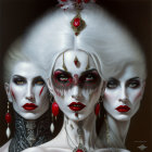 Three Women with Pale Skin and Elaborate Red and Black Makeup