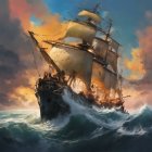 Majestic sailing ship in turbulent seas at sunset