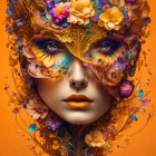 Colorful portrait of person with floral mask, blue eyes, orange lips on orange backdrop