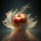 Dynamic water splash around red apple with crown effect on blurred background