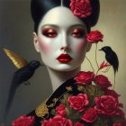 Illustration of woman with porcelain skin, red eye makeup, roses in hair, blackbirds with g