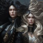 Two women with flowing dark and light hair in ornate, mystical attire