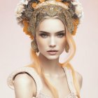 Detailed digital art of woman in regal attire with white and gold headdress and orange jewelry.