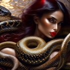 Digital Art: Woman with Red Hair and Golden Snake on Dark Background