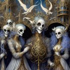 Fantasy Artwork: Skeletal Figures in Ornate Attire with Blue Hair, Golden Architecture,