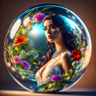 Woman in translucent sphere with vibrant flowers emits serene aura