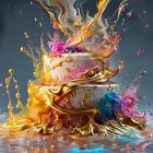 Colorful liquid and flame-like shapes adorn three-tiered cake