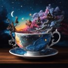 Celestial teacup with cloud-filled sky, crescent moon, and castle steam.