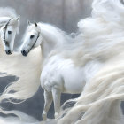 Ethereal white horses with long manes in misty setting