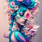 Portrait of person with flower hair and blue skin.