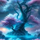 Twisted tree with pink blossoms by serene waterfall at twilight