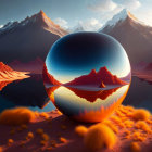 Surreal landscape with reflective sphere, mountains, sandy terrain, orange grass, and gradient sky