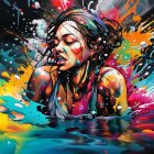 Colorful Artwork: Woman Partially Submerged, Surrounded by Splashes