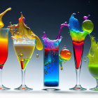 Vibrant liquid splashes from cocktail glasses on gray background