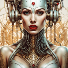 Detailed Female Cyborg with Mechanical Headpiece and Silver Armor Against Golden Background