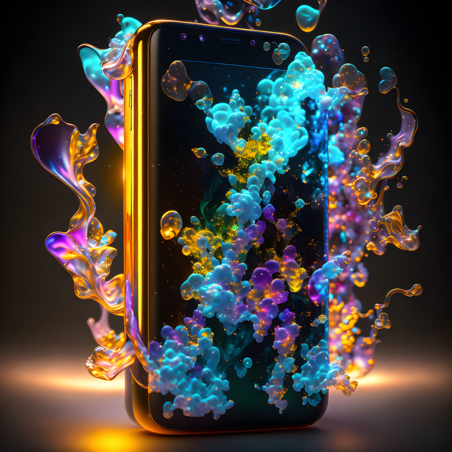 Colorful Liquid and Bubble Particles on Smartphone Screen Against Dark Background